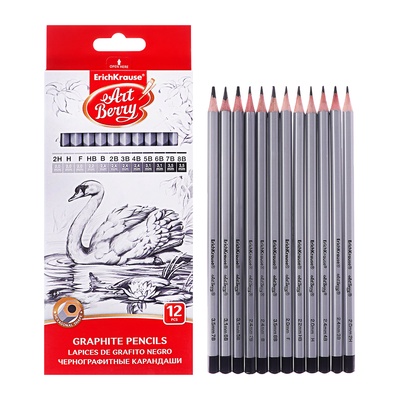 Набор карандашей чернографитных ErichKrause. ArtBerry, 12 штук, разной твёрдости, шестигранные, деревянные, серебристый корпус