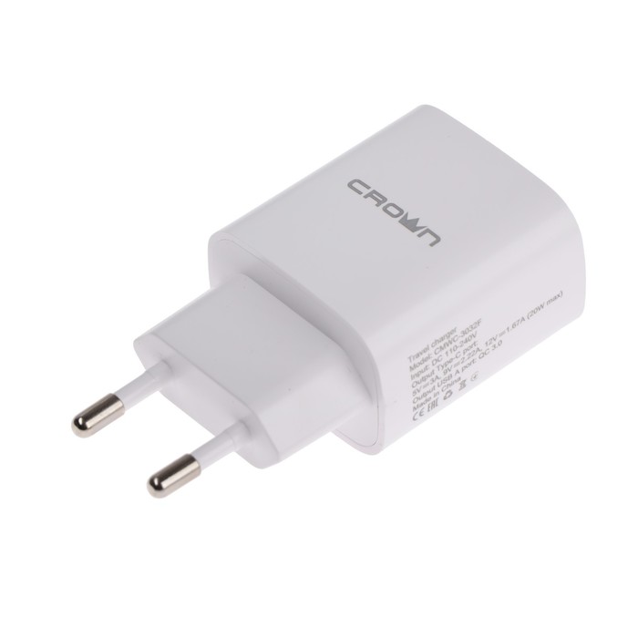 Сетевое зарядное устройство Crown CMWC-3032F, USB, USB-C, 2.4 А, быстрая зарядка, белое - фото 51456008