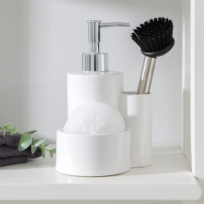 УЦЕНКА Дозатор для моющего средства Доляна «Милитари», 370 мл, с губкой и щёткой, цвет белый - Фото 1