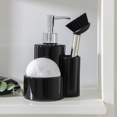 УЦЕНКА Дозатор для моющего средства Доляна «Милитари», 370 мл, с губкой и щёткой, цвет чёрный