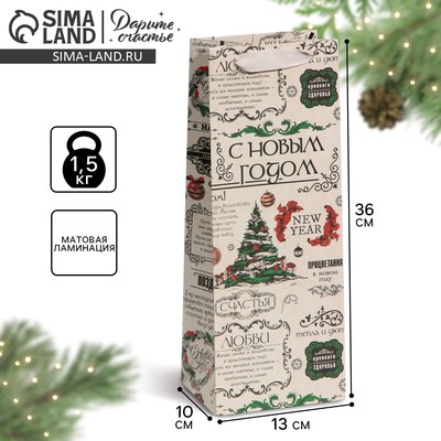 Пакет новогодний подарочный под бутылку «С Новым годом», 13×36×10 см