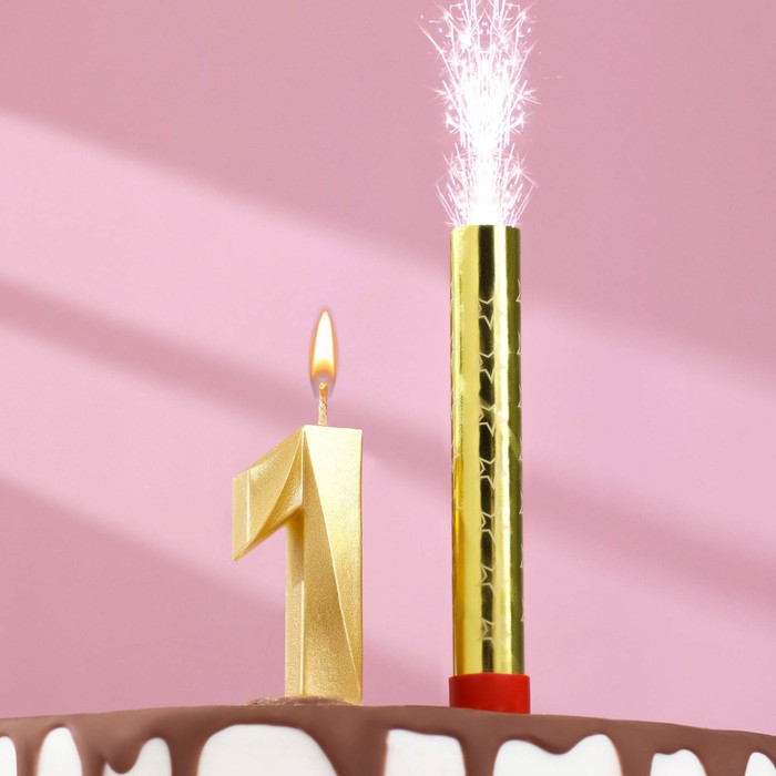 Свеча для торта цифра "Грань + фонтан" золотая "1" - Фото 1