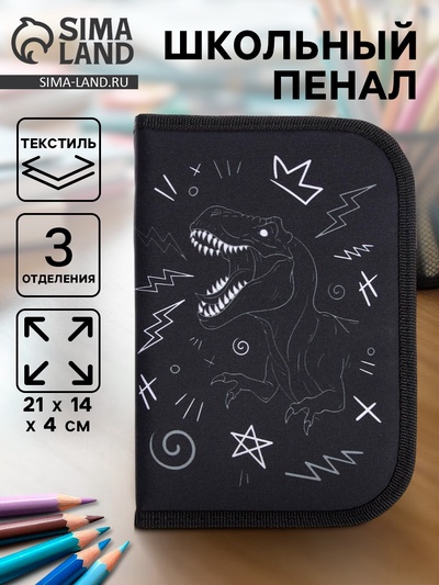 Пенал школьный, 3 секции, 14×21×4 см «Дино»