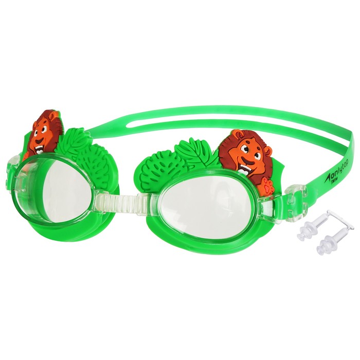 Очки для плавания детские ONLYTOP Swim «Зверята», беруши, цвет зелёный - Фото 1