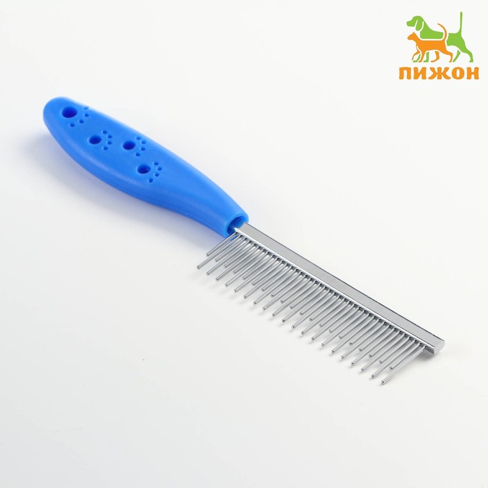 Расчёска для шерсти «Лапки», 20.5×3 см, с зубьями разной длины, синяя - Фото 1