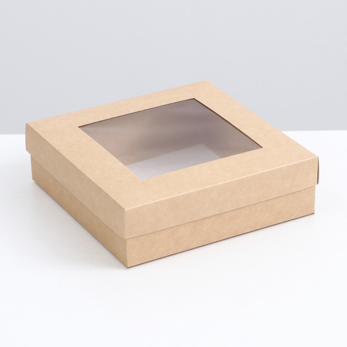 Коробка складная, крышка-дно, с окном, крафтовая, 20 х 20 х 6 см - Фото 1