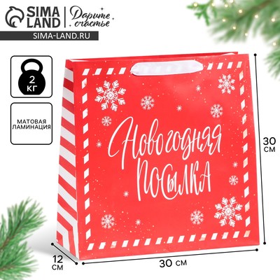 Пакет подарочный новогодний ламинированный квадратный «Новогодняя посылка», 30×30×12 см
