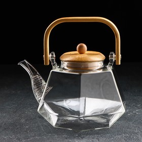 Чайник стеклянный заварочный с бамбуковой крышкой и металлическим фильтром «Октогон», 1,2 л