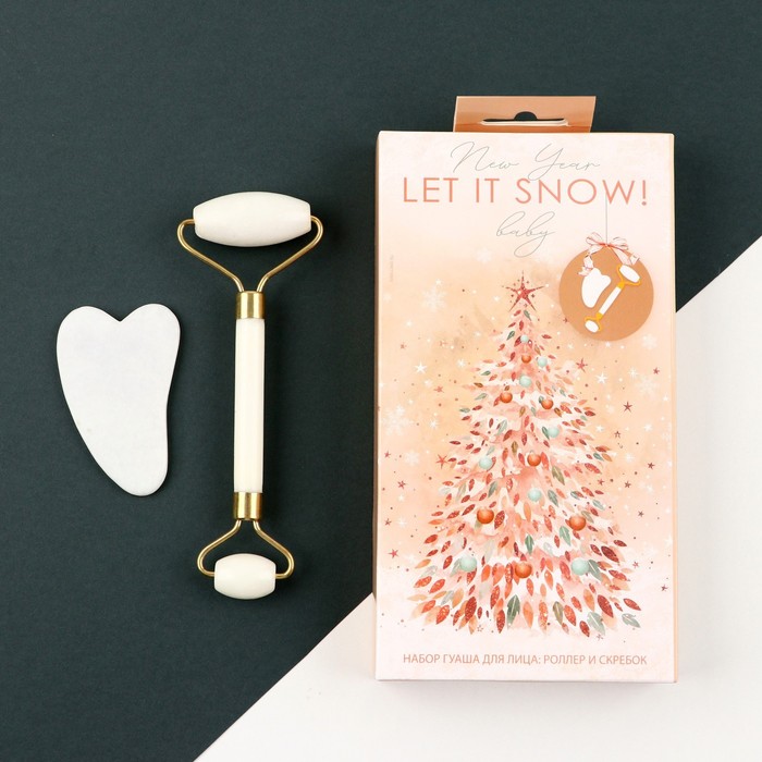 Набор: роликовый массажер и скребок гуаша «Let it snow!», кальцит и серпентин 29586