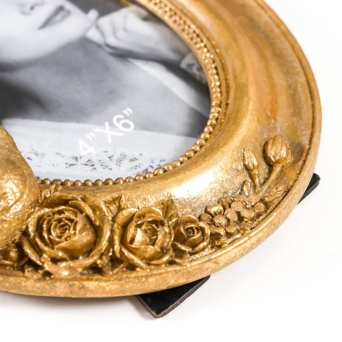 Фоторамка полистоун 10х15 см овальная "Золотая птичка и розы" золото 20х15,5 см - фото 1898690762