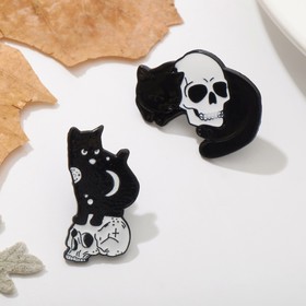 Набор значков (2 шт.) "Череп" и чёрный кот, цвет чёрно-белый в чёрном металле