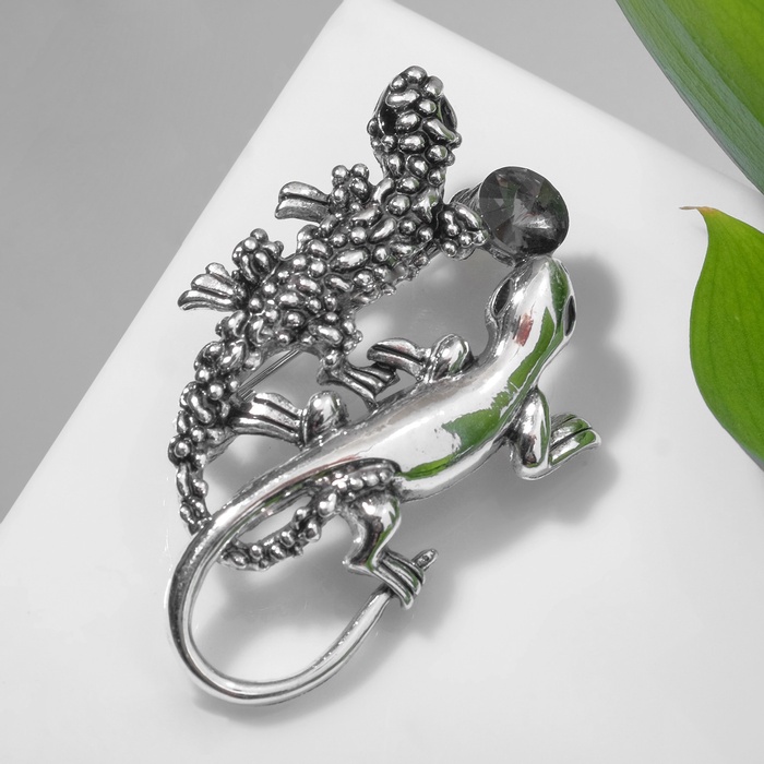 Брошь «Ящерки две» со стразинкой, цвет серый в чернёном серебре - Фото 1
