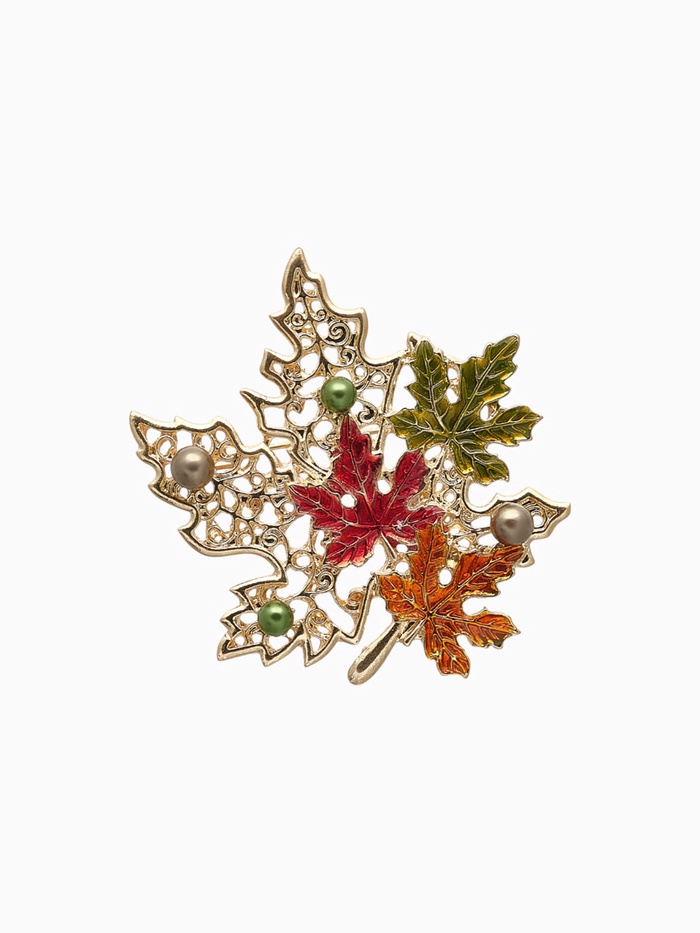 Брошь «Лист» кленовый осенний, цветная в золоте - Фото 1