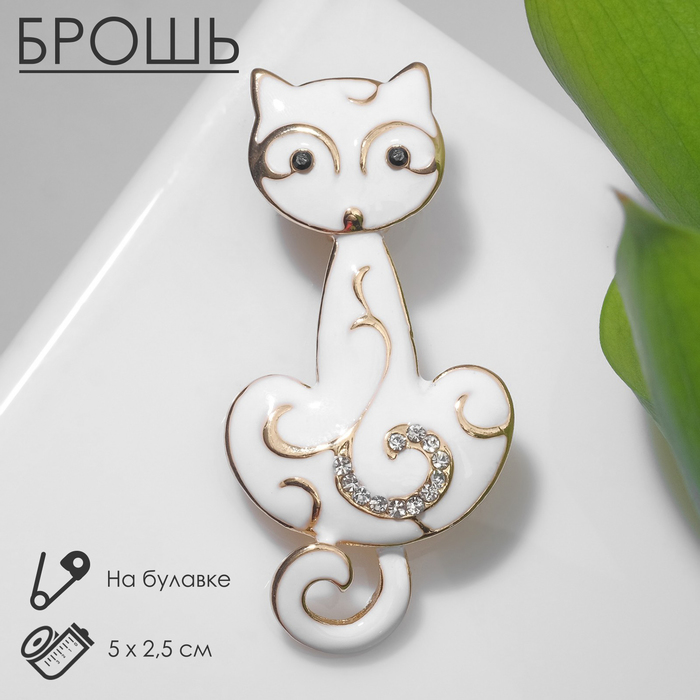 Брошь «Кошка» расписная, цвет белый в золоте - Фото 1