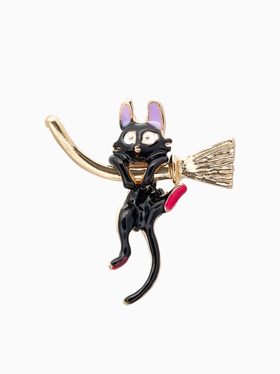 Брошь «Кот» на метле, цветная в золоте
