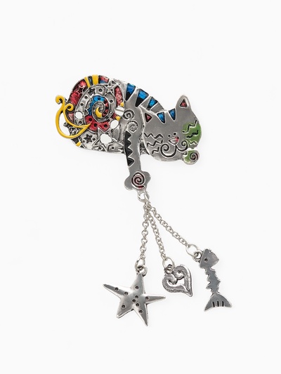 Брошь «Кот» сказочный, цветная в серебре