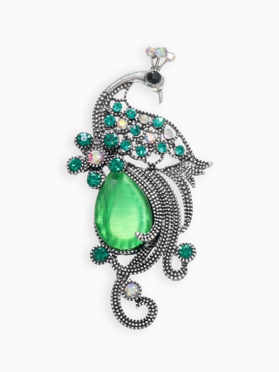 Брошь «Павлин» элегантный, цветная в чернёном серебре