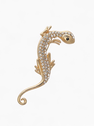 Брошь «Ящерица» узкая, цвет белый в золоте