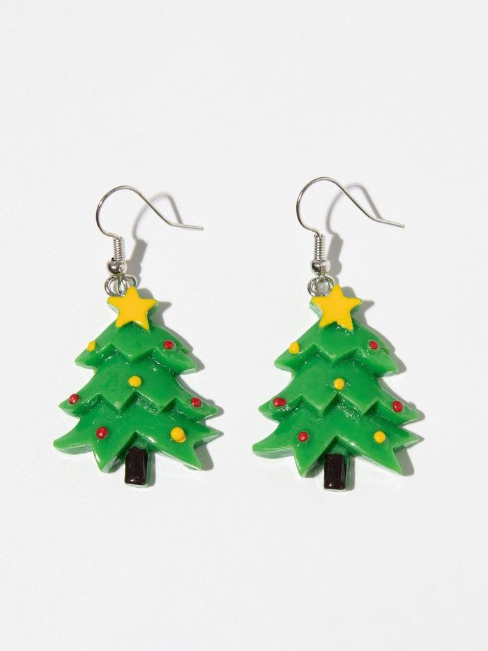 Серьги висячие «Новогодние» ёлочка со звездой, цвет жёлто-зелёный в серебре - Фото 1