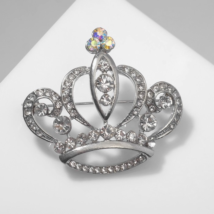 Брошь «Корона» с завитками, цвет белый в серебре - Фото 1