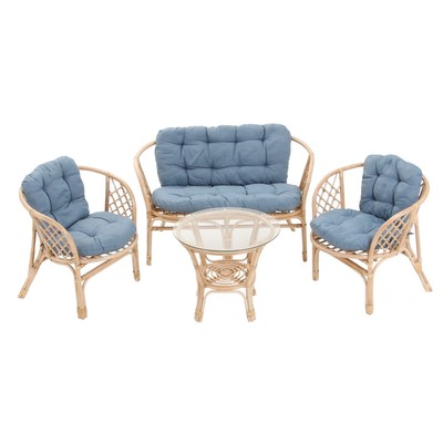 Набор садовой мебели "Bagama": 2 кресла, диван, стол, ротанг светлый, подушки серо-голубые