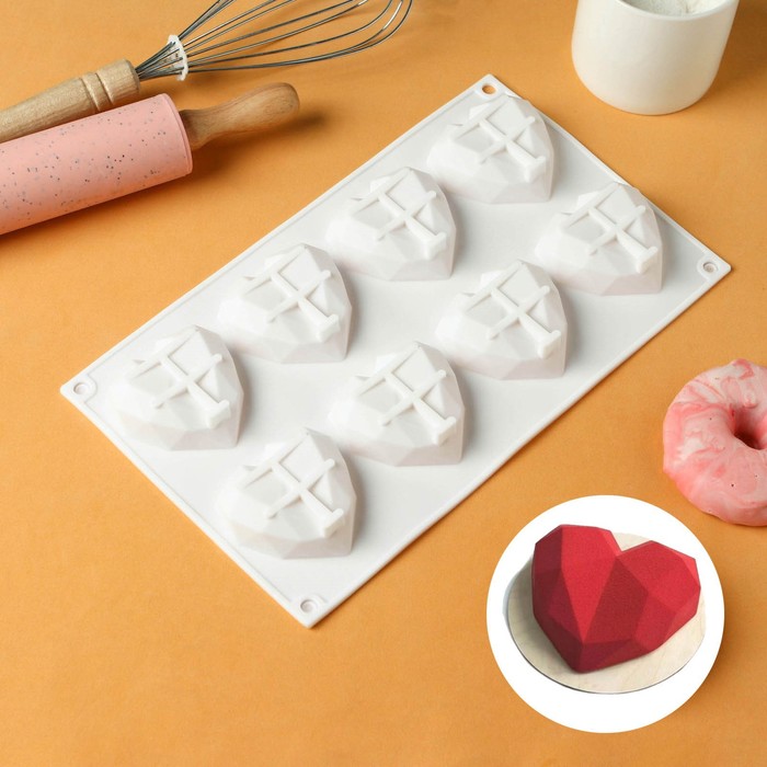 Форма для муссовых десертов и выпечки KONFINETTA «Сердце», силикон, 29×17×2 см, 8 ячеек, цвет белый - Фото 1