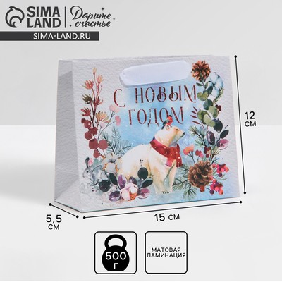 Пакет подарочный новогодний ламинированный «Мишка», 15 х 12 х 5.5 см