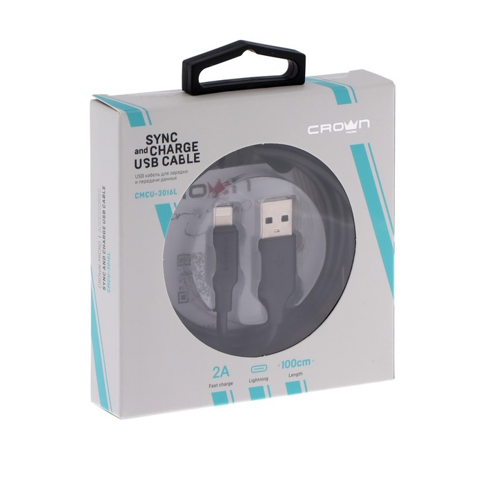 Кабель Crown CMCU-3016L, Lightning - USB, 2 А, 1 м, зарядка/передача данных, чёрный - фото 51483797