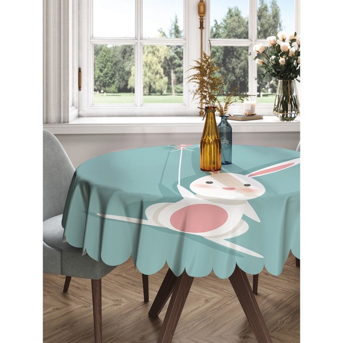 Скатерть на стол «Влюбленный кролик с шариком», круглая, сатен, d = 150 см - Фото 1