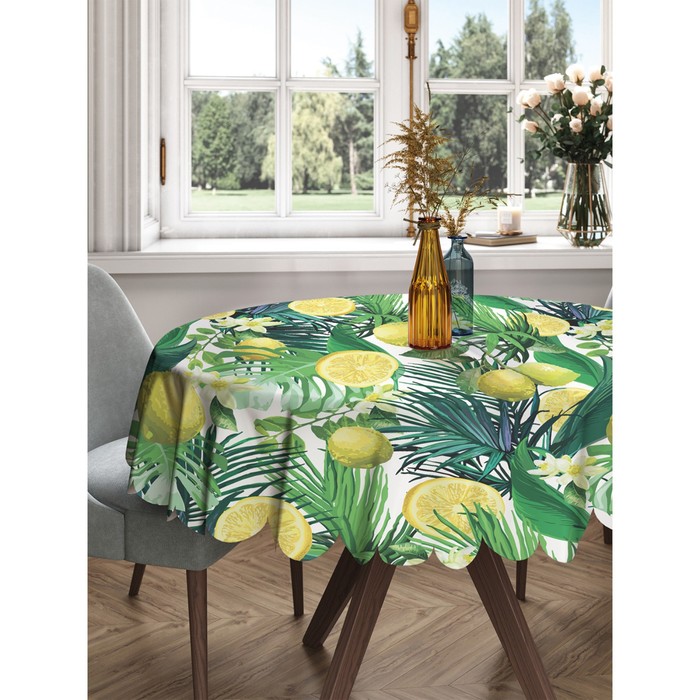 Скатерть на стол «Лимоны и тропики», круглая, сатен, d = 150 см