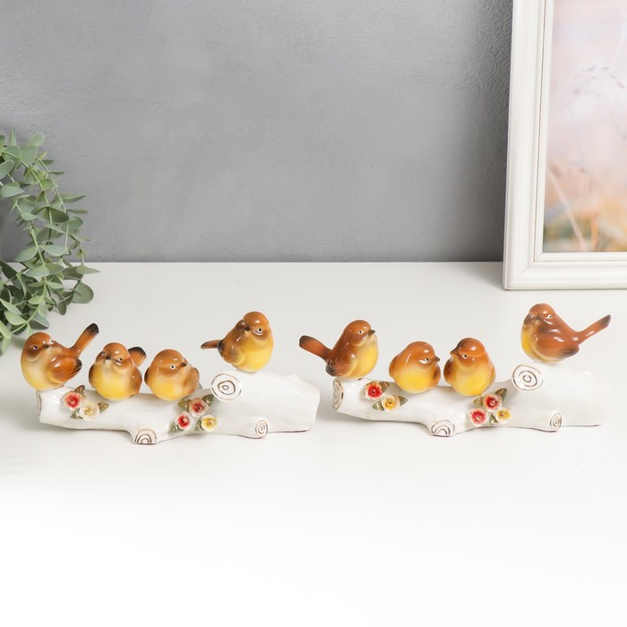 Сувенир керамика "Четыре птички на бревне с цветами"МИКС 11х13х6,5 см - Фото 1