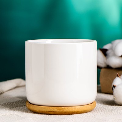 Горшок для цветов «Эко» керамический, 500 мл, 10×9.5 см, с деревянной подставкой, белый