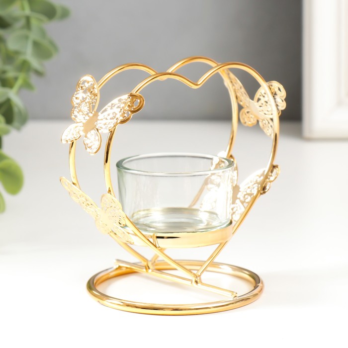 Подсвечник металл, стекло на 1 свечу "Сердце с бабочками" d-4 см золото 7,5х10х10 см - Фото 1