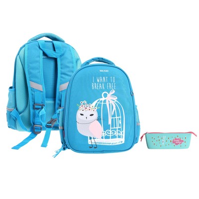 Рюкзак каркасный 36×28×17 см, + пенал, Bruno Visconti «CUTE OWLS. КОКЕТКА», бирюзовый