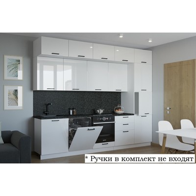 Кухонный гарнитур трёхуровневый 17, 3000×600 мм, цвет белый глянец/бриллиант чёрный