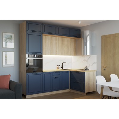 Кухонный гарнитур трёхуровневый в потолок «Кристалл - 7», с ручками, 2400×1200 мм, цвет океания/дуб сонома