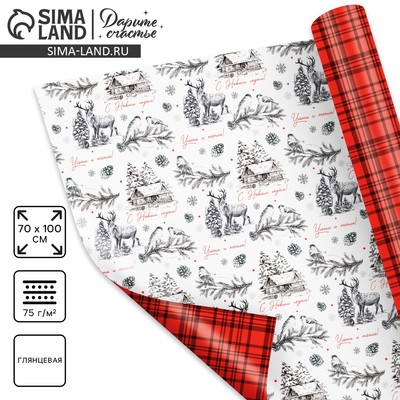 Бумага упаковочная глянцевая двухсторонняя «С Новым годом», 70×100 см