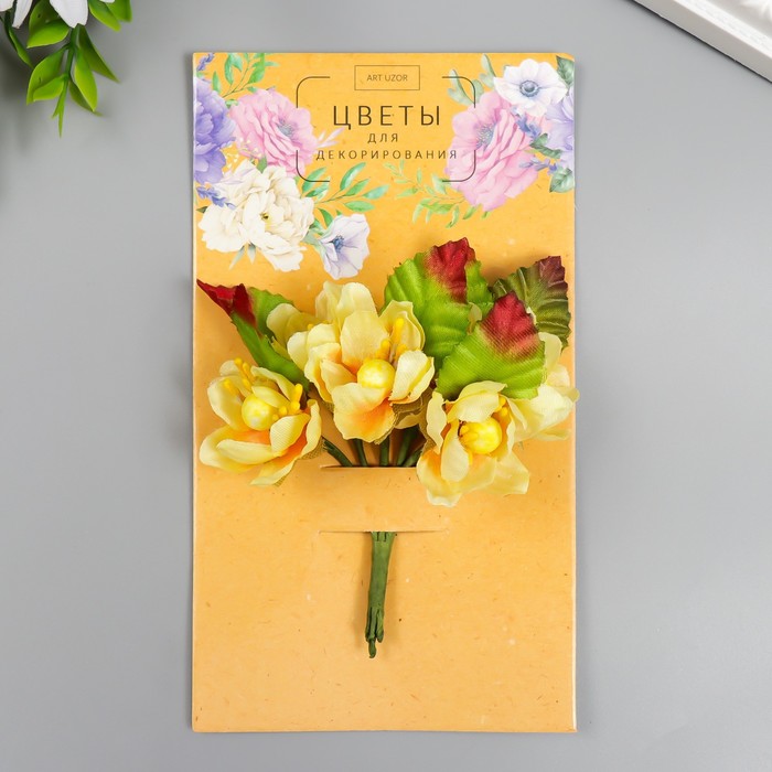 Цветы для декорирования "Циния" 1 букет=6 цветов 9 см жёлтый - фото 3884998