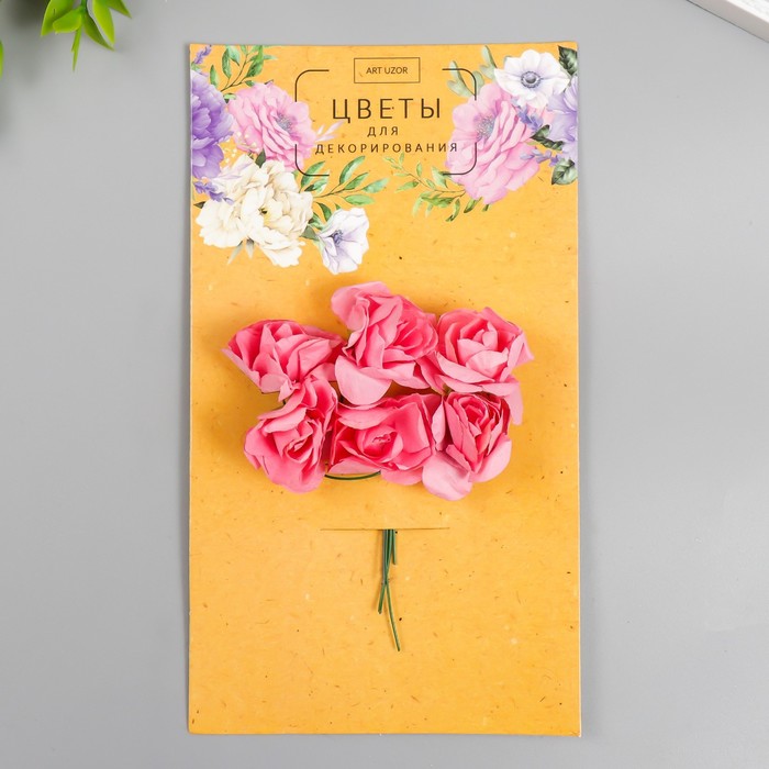 Цветы для декорирования "Чайные розы" 1 букет=6 цветов 9,5 см ярко-розовый - Фото 1