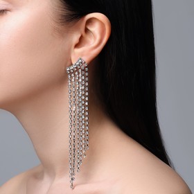 Серьги висячие со стразами "Водопад" ряды, цвет белый в серебре