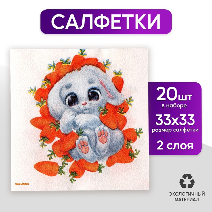 Салфетки бумажные однослойные «Зайка в морковке», 33 х 33 см, набор 20 штук - Фото 1