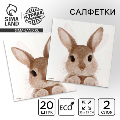 Салфетки бумажные однослойные «Кролик», 33×33 см, набор 20 штук