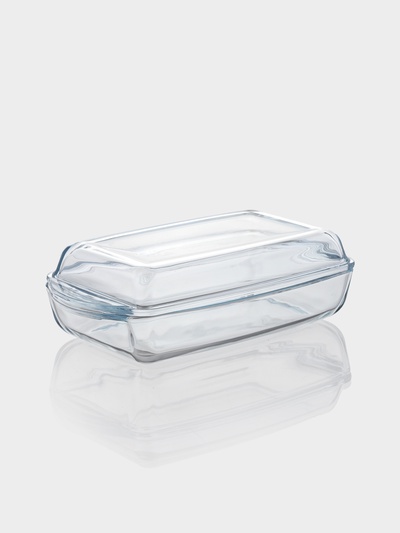 Форма для запекания Paşabahçe Borcam, 1.3/0.9 л, 28.6×16×5 см, с крышкой, прямоугольная, жаропрочное стекло, прозрачная