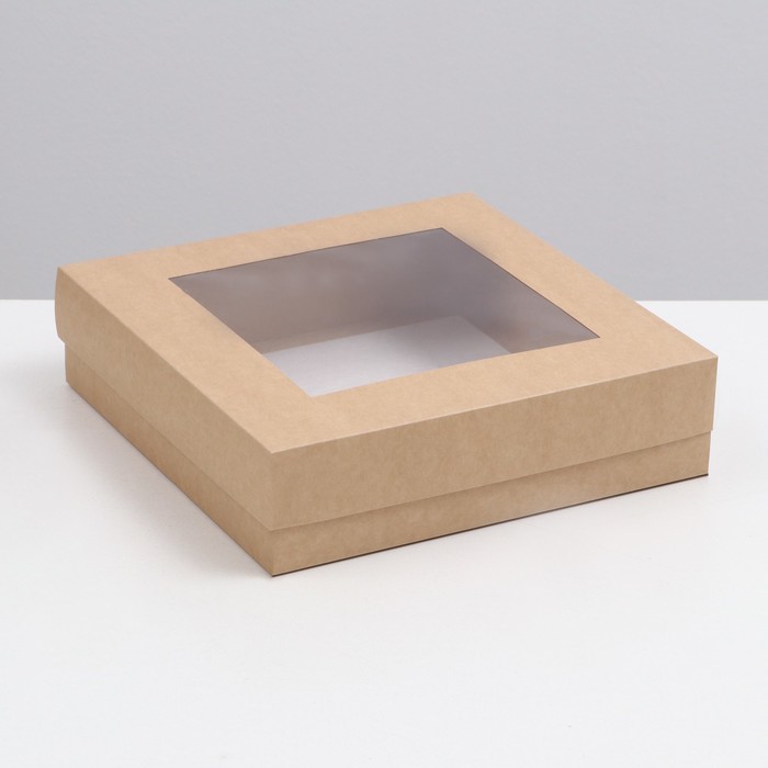 Коробка складная, крышка-дно, с окном, крафт, 30 х 30 х 8 см - Фото 1