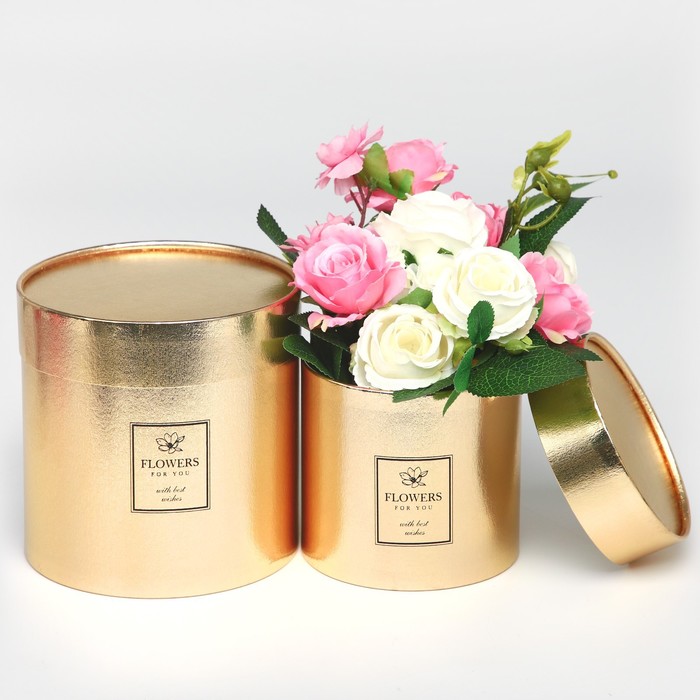 Набор золотых шляпных коробок 2 в 1 «Flowers», 12 х 12, 15 х 15 см