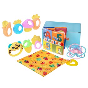 Развивающий набор «Играем с малышом», книжка-шуршалка, платочек, 8 погремушек, в коробке