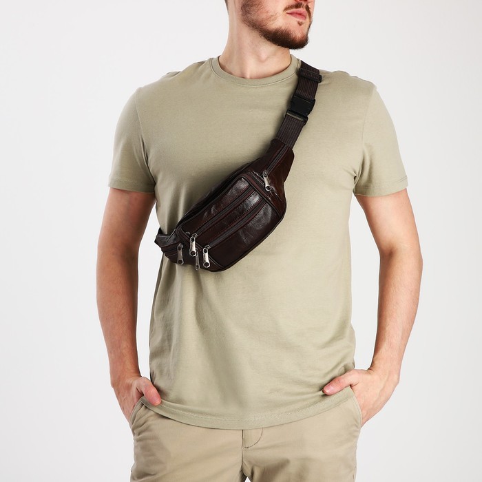 Сумка поясная на молнии, 7×33×12 см, тёмно-коричневая - Фото 1