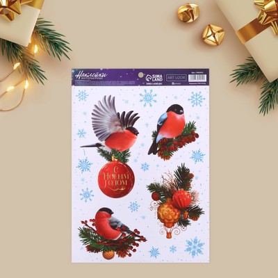 Наклейка интерьерная новогодняя «Волшебные снегири», 21×29.5 см