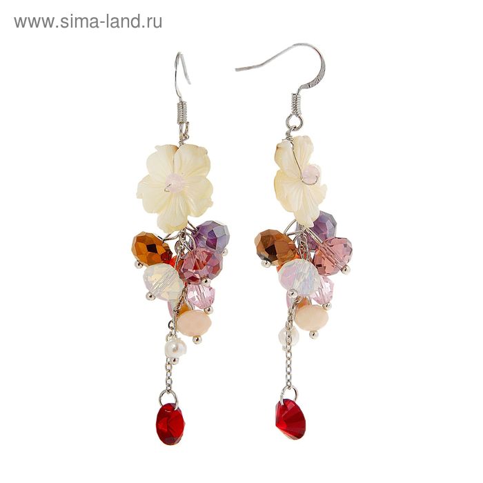 Серьги с перламутром «Цветок» перламутровый, цветные в серебре - Фото 1