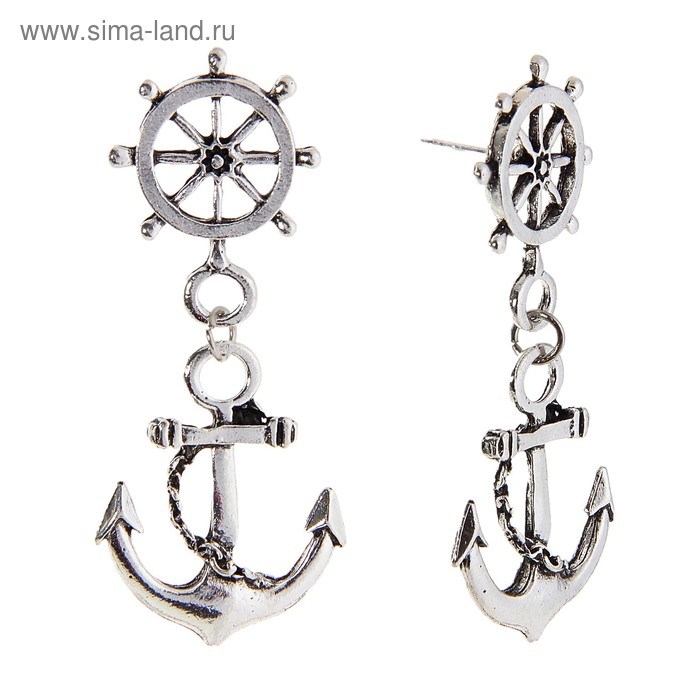 Серьги висячие «Якорь и штурвал», цвет серебро - Фото 1